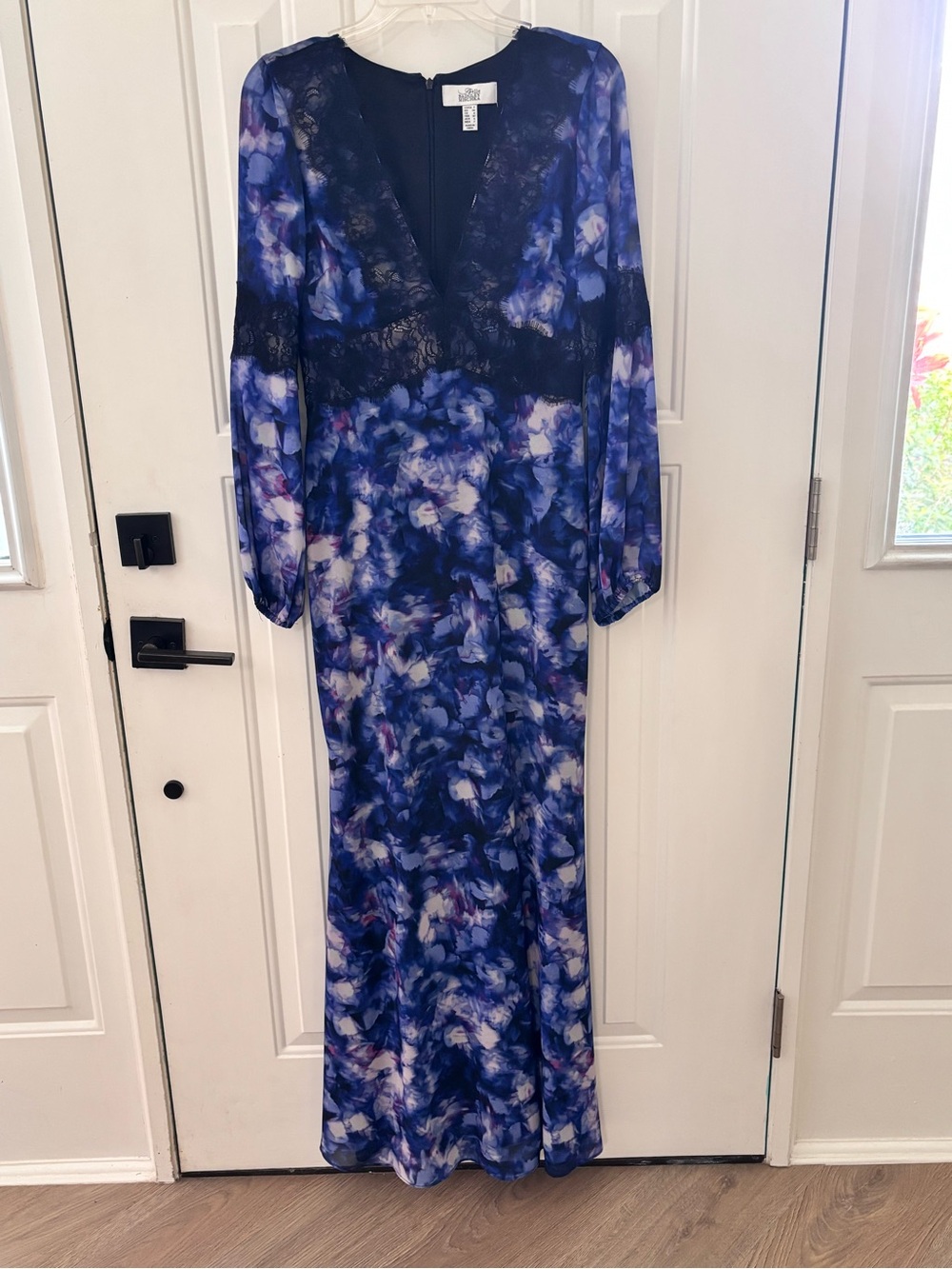 Badgley Mischka Blue Floral Lace-Trim Maxi Dress
